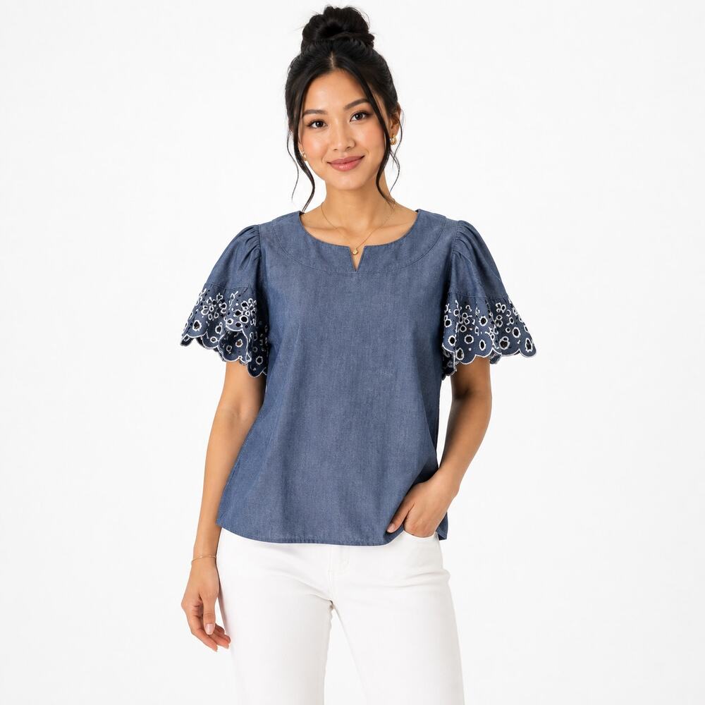 Isaac Mizrahi Live Cotton Lawn Embroidered Blouse Chambray Blue XS NWOT